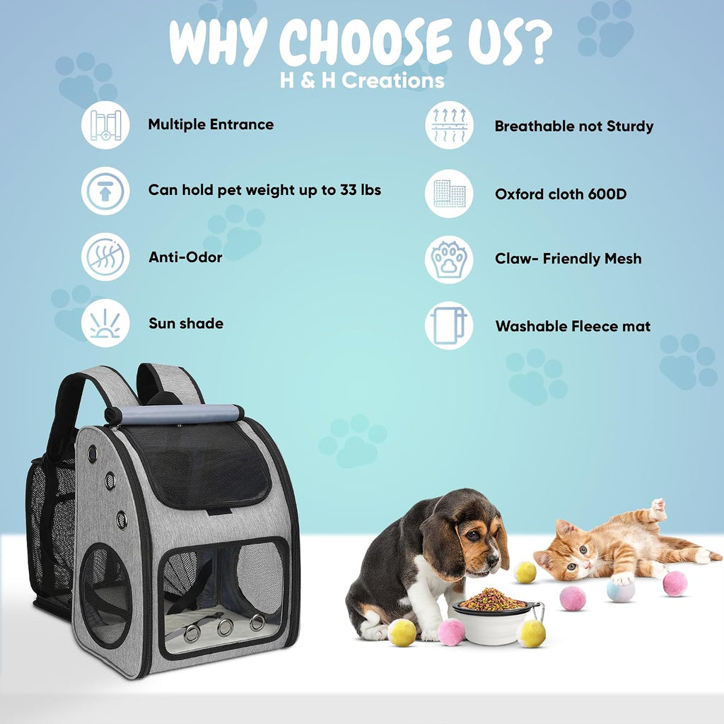 Upgraded Large Cat Backpack Carrier Expandable (Up to 33 lbs) with 6 Toy Balls & Folding Bowl with Lid - Odorless - Foldable Pet Backpack Carrier for Small Dogs - Portable Cat Travel Backpack