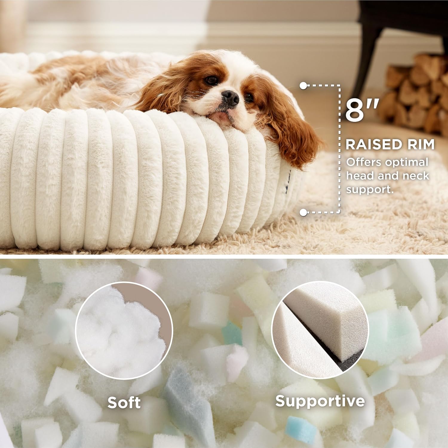 Donut Medium Dog Bed - Washable Faux Fur with Corduroy Fleece & Anti Slip Bottom, Round Pet Bed with Removable Cover, Cream, 30x30x8 inches